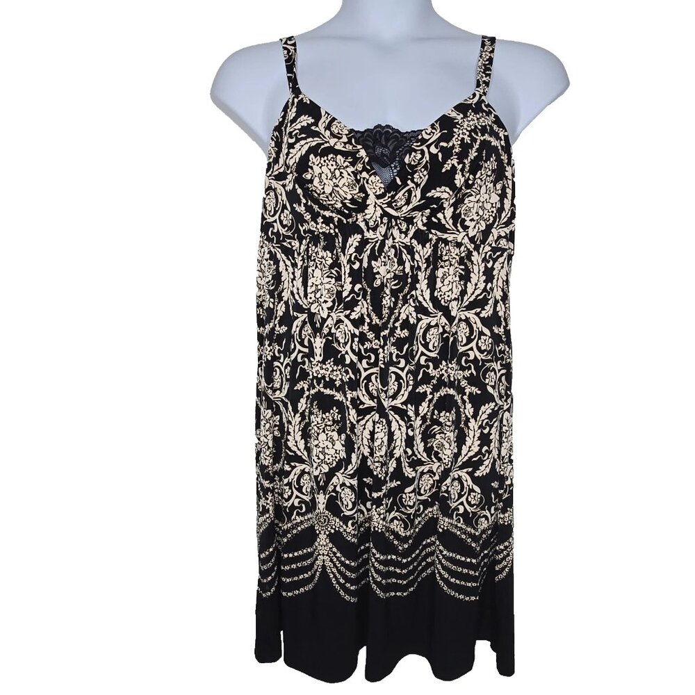 Soma Intimates Nightgown XL Black Printed Design Lace Trim Short Sleep Dress